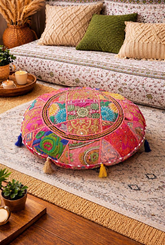 Pink Patchwork Round Floor Cushion, Boho Indian Pouf Ottoman, Embroidered Multicolor Meditation Pillow