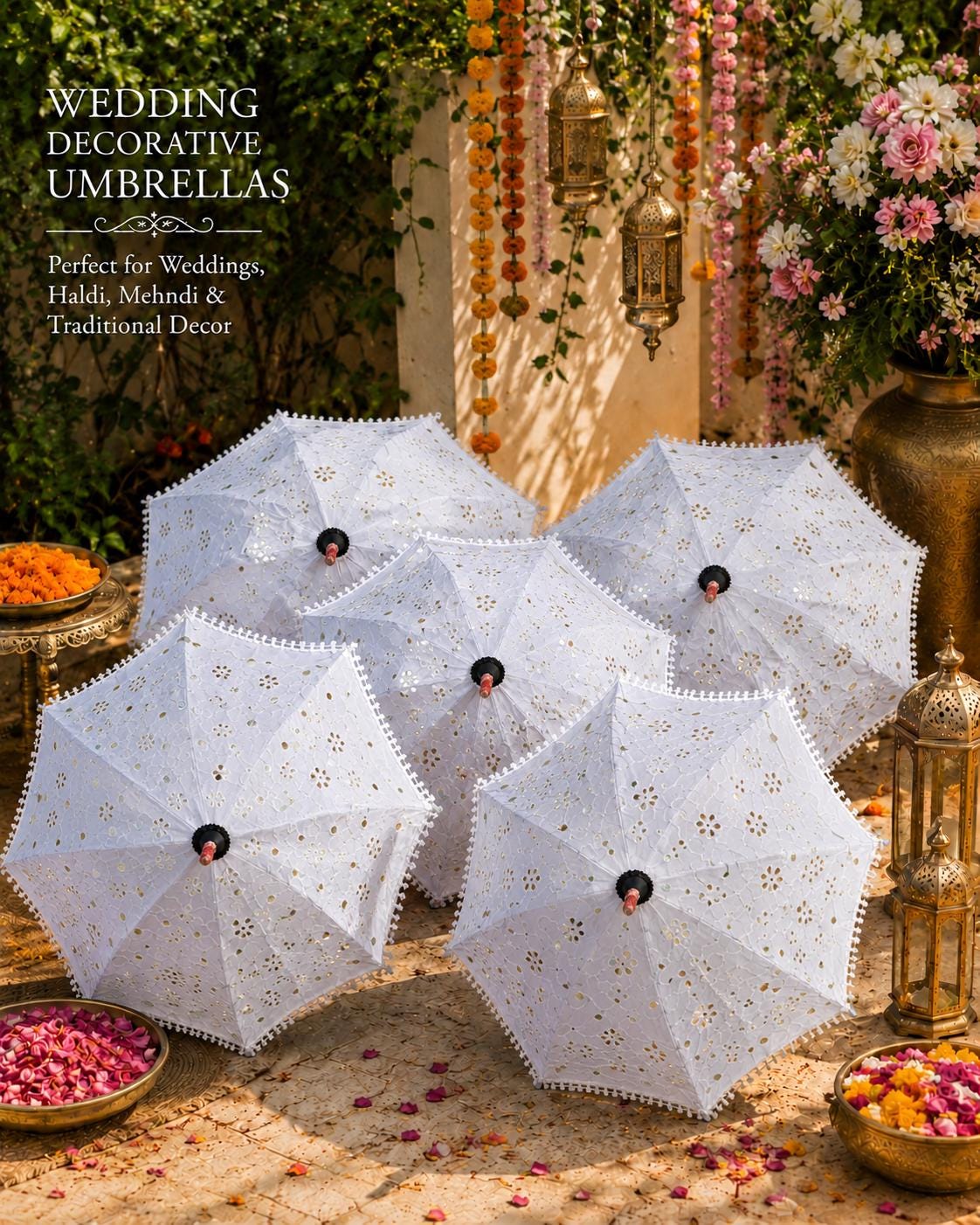 Handmade White Wedding Decorative Umbrellas, Indian Bridal Photo Prop, Boho Event Accent