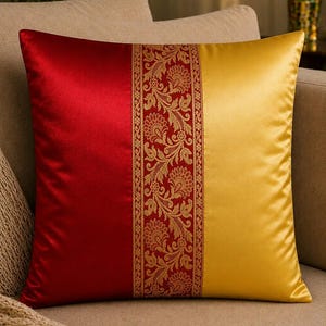 Handmade Red Gold Brocade Cushion Cover 16x16 Indian Silk Pillowcase Luxury Sofa Accent Bohemian Living Room Decor Festive Housewarming Gift