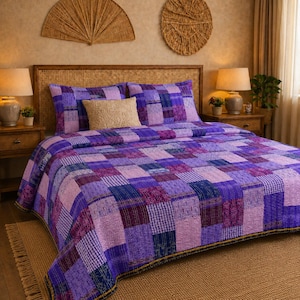 Purple Patchwork Silk Kantha Quilt Handmade Bedspread, Vintage Cotton Throw Blanket, Boho Bedding, Queen King Size Quilt 90x108inches