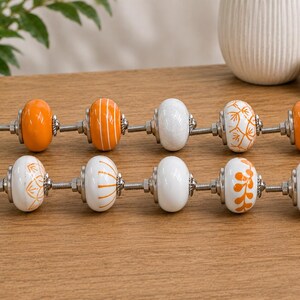 Handmade Ceramic Cabinet Knobs Set Orange White Floral Pulls Kitchen Cupboard Handles Dresser Hardware Boho Furniture Decor Farmhouse image 4
