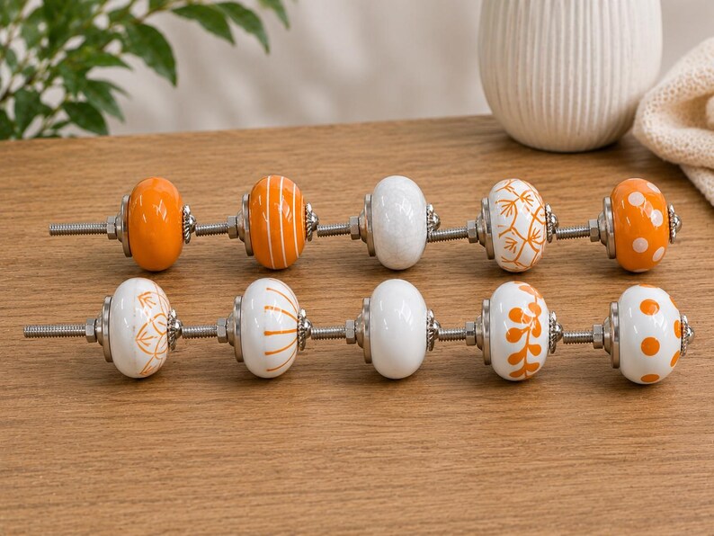 Handmade Ceramic Cabinet Knobs Set Orange White Floral Pulls Kitchen Cupboard Handles Dresser Hardware Boho Furniture Decor Farmhouse image 4