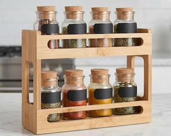 Wooden Spice Rack Kitchen Countertop Organizer Double Layer Pull Out Cabinet Spice Jar Holder Solid Wood Storage Rack