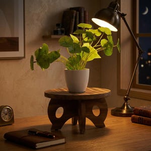 May include: A small, round wooden plant stand with a potted green plant, lit by a desk lamp. The stand has a dark wood finish and a unique cutout design. A notebook, pen, and clock are on the desk.