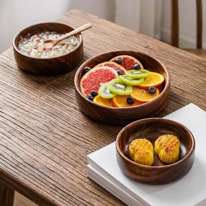 Stackable Solid Wood Bowl Round Smooth Salad Plate Handmade Wooden Serving Tray Multi Purpose Kitchen Dish