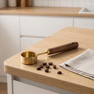 Könnte beinhalten: Ein Messlöffel aus Messing mit einem dunklen Holzgriff liegt auf einer hellen Holzoberfläche, neben Kaffeebohnen und einem gefalteten Leinentuch. Der Löffel hat ein kleines Loch am Ende des Griffs. Er dient zum Abmessen von Kaffeepulver.