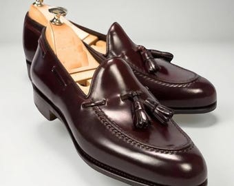 Men's handmade burgundy loafers slip-on formal dress leather shoes.