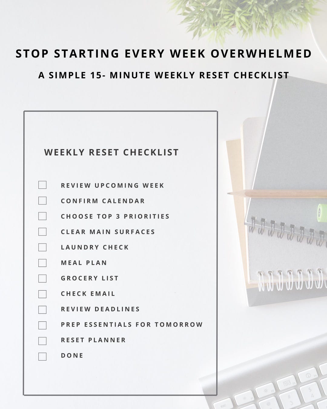 15-minute Weekly Reset Checklist | Simple Organization (instant ...