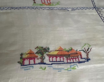Vintage Hand-Embroidered Pagoda Tablecloth Set • Heirloom Linen • Cottage Table Decor