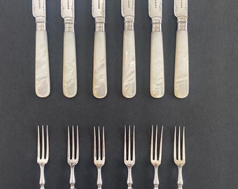 English Mother-of-Pearl Dessert Knives & Forks • Sterling-Mounted • Elegant Table Setting