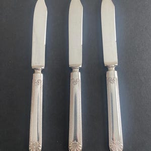 May include: Three silver butter knives with curved blades and ornate handles. The handles have a detailed, symmetrical design with a floral motif at the base. The blades are smooth and shiny, reflecting the light. The knives are arranged on a dark surface.