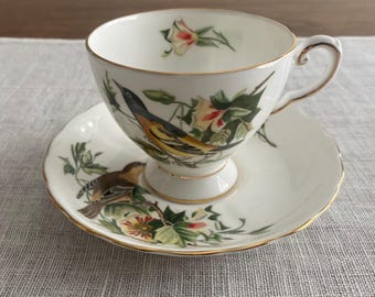 Vintage Royal Chelsea Audubon Birds (Baltimore Oriole) Teacup & Saucer – Bone China – Made in England