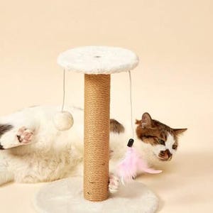 May include: A cat scratching post with a round base and top, connected by a sisal-wrapped post. The base and top are covered in soft, white material. A dangling toy with a pink feather and a white ball hang from the top.