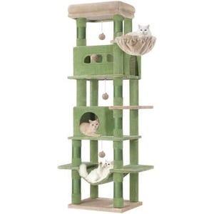 May include: A multi-level cat tree in shades of green and beige. The cat tree features multiple platforms, a hammock, a basket, and a top perch. Several small, dangling toys are attached. Three cats are resting on the cat tree.