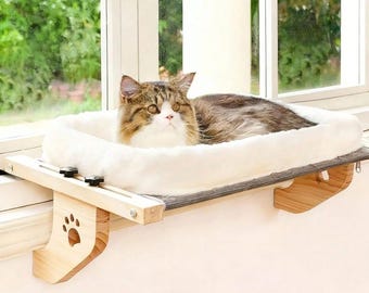 Window Mounted Cat Bed – Large Durable Wood & Metal Frame Indoor Cat Hammock / Space‑Saving Window Perch for Kittens - Adult Cats