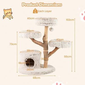 May include: A beige cat tree with multiple levels, including a hideaway, platforms, and a dangling toy. The tree is 102cm tall and has platforms that are 40cm in diameter. The base is 68cm wide. The text "Product Dimensions" is at the top.