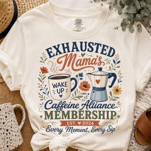 Exhausted Mamas Caffeine Alliance Shirt Tired Mom Coffee Lover Moka Pot Graphic Tees