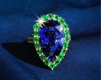 Anillo de zafiro azul cultivado en laboratorio con halo verde, joyería de cóctel de plata esterlina