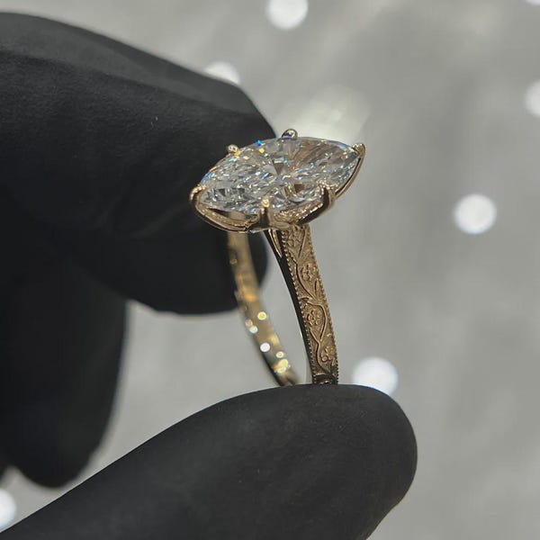 Anillo de moissanita marquesa de 2 quilates con grabado floral, anillo de compromiso vintage, oro de 14 quilates