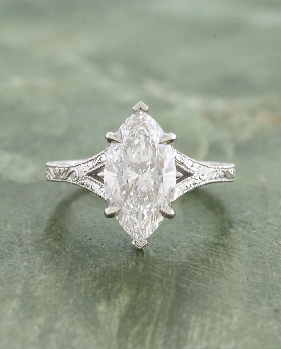 Vintage Marquise Lab Diamond Engagement Ring, Split Shank Engraved ...