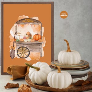 Aquarell-Wandbild mit Halloween-Kürbisständer
