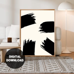 May include: A framed art print featuring four large black brushstrokes on an off-white background. The artwork is displayed in a light-colored wooden frame. The image also includes the text "DIGITAL DOWNLOAD".