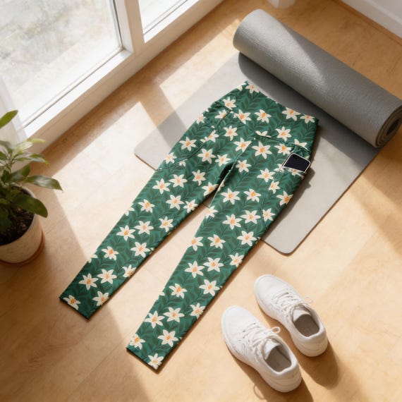 Tropical Green Leggings with Pockets - High-Waisted Women's Activewear