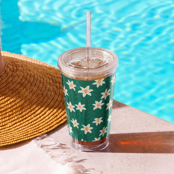 Clear Plastic Tumbler: Reusable, Double Wall, Tropical Green Base