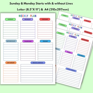 Printable Weekly Planner, Daily Schedule, Bold Accent Colors (Letter, A4)