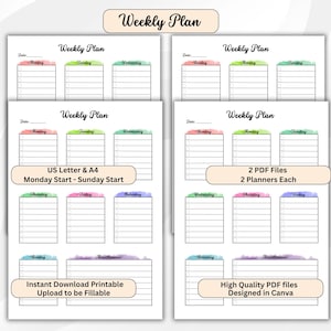 Colorful Weekly Planner, Monday/Sunday Start, US Letter/A4 Printable/Fillable