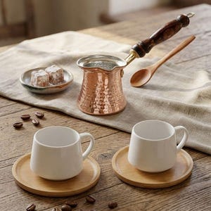 May include: A copper coffee pot with a wooden handle and a small wooden spoon sit on a wooden table. Two white coffee cups rest on wooden coasters. A small plate holds two pieces of Turkish delight.