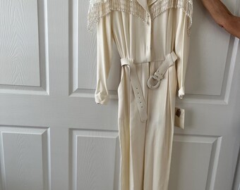 Vintage Lew Magram Collection Ivory Beaded Jumpsuit | Size 8 | Made in USA | Sequined Evening Jumpsuit with Belt |  Special Occasion