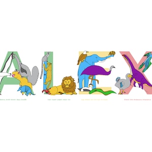 Impresión de nombre personalizada con el alfabeto animal: cualquier nombre con un alfabeto animal ilustrado