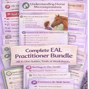 Puede incluir: Un conjunto de materiales educativos con temática lavanda para el aprendizaje asistido por caballos. El paquete incluye guías, herramientas y hojas de trabajo. Los títulos incluyen "Understanding Horse Microexpressions" y "Complete EAL Practitioner Bundle."