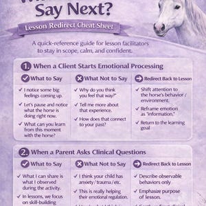 Può includere: Un promemoria di reindirizzamento della lezione viola e bianco intitolato "What Do I Say Next?" con un'illustrazione di un cavallo. La guida offre consigli di riferimento rapido per i facilitatori delle lezioni. Include sezioni sull'elaborazione emotiva.