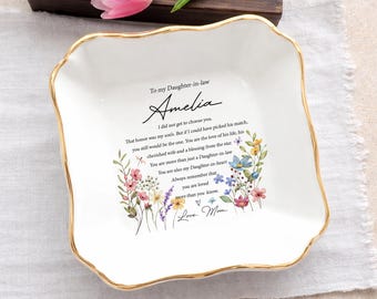 To My Daughter-in-Law Jewelry Dish, Personalized Ring Holder Trinket Tray, Engagement Gift, Wedding Bridal Shower Keepsake, Mom to Daughter