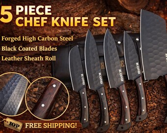 Handgefertigtes 5-teiliges Kochmesser-Set | 1095 Kohlenstoffstahl | Holzgriff | Scheide aus Leder
