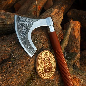Handgefertigte Wikinger Axt Gehstock 92cm Esche Holzgriff Kohlenstoffstahl Mehrzweck-Werkzeug