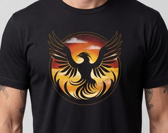 サンセットフェニックスシャツ（メンズ）、ライジングファイアバードTシャツ、神話グラフィックTシャツ