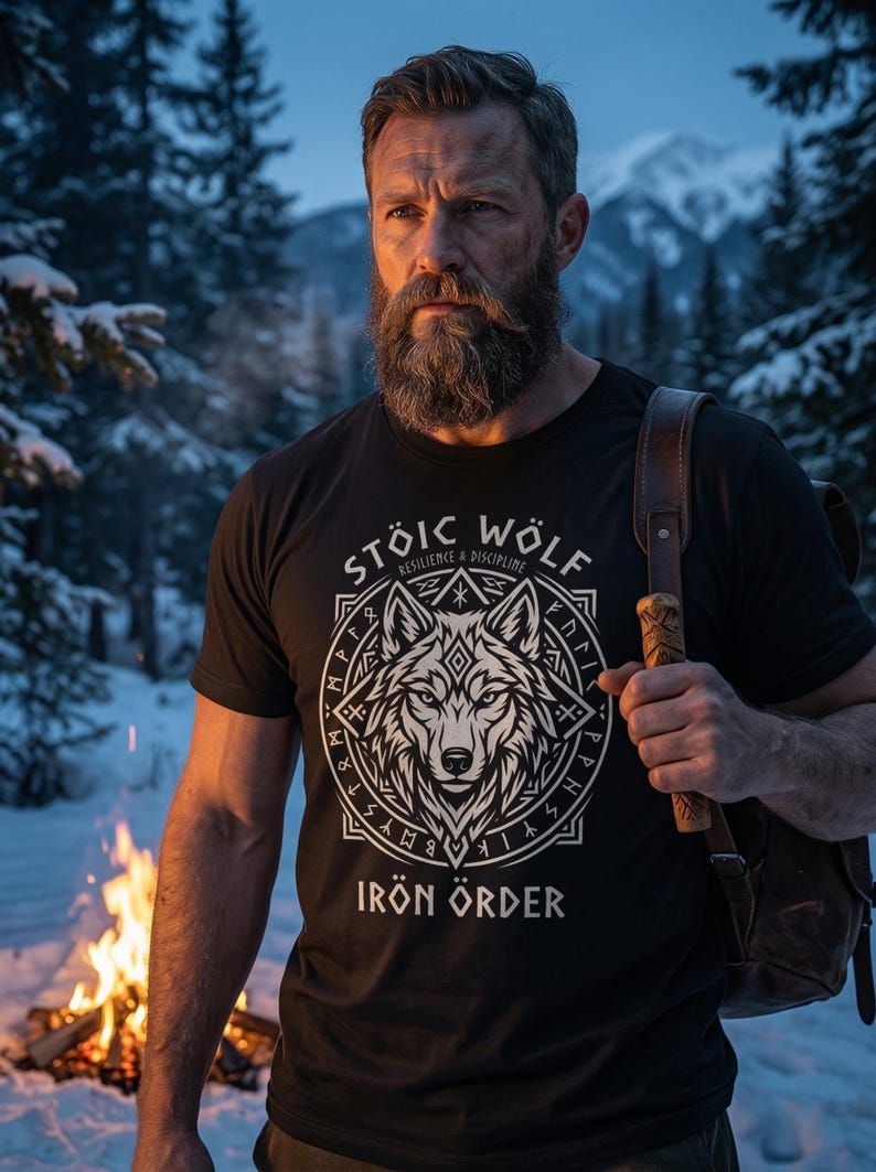以下が含まれることがあります： オオカミのグラフィックと「STOIC WOLF RESILIENCE & DISCIPLINE IRON ORDER」の文字が入った黒いTシャツ。 デザインは白で、円形のフレームの中にオオカミの頭が描かれています。 その人は茶色の革のバックパックを持っています。