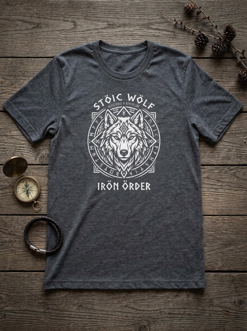 以下が含まれることがあります： 白オオカミのデザインと「STOIC WOLF IRON ORDER」の文字が入った濃い灰色のTシャツ。デザインは、ルーン文字が入った円形のフレームの中のオオカミの頭部が特徴です。コンパスとブレスレットが木製の表面にあります。