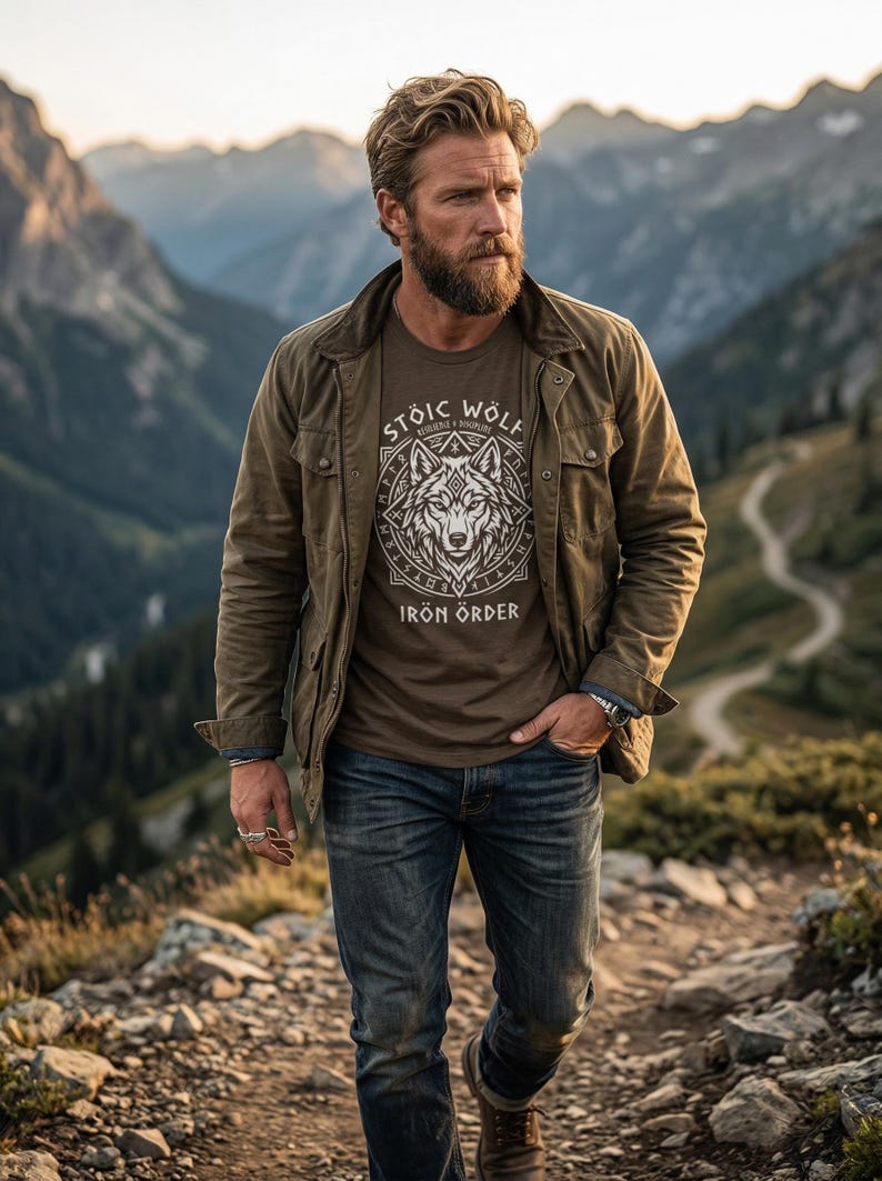 以下が含まれることがあります： オオカミのグラフィックと「Stoic Wolf Iron Order」の文字が入った茶色のTシャツを着た男性。彼はまた、緑色のジャケットとブルージーンズを着用しています。背景には山の風景が広がっています。