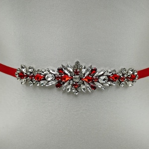 May include: A red and silver rhinestone belt. The belt features a central floral design with red and clear rhinestones, flanked by smaller clusters of rhinestones. The belt's band is a solid red color.