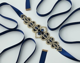 Navy Rhinestone Belt Forest Wedding Sash, Luxury Bridal Accessory, Bridella Handmade