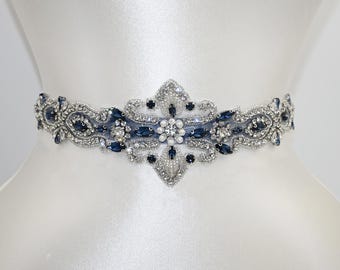 Navy Rhinestone Pearl Belt Diamond Wedding Belt, Bridella Handemade