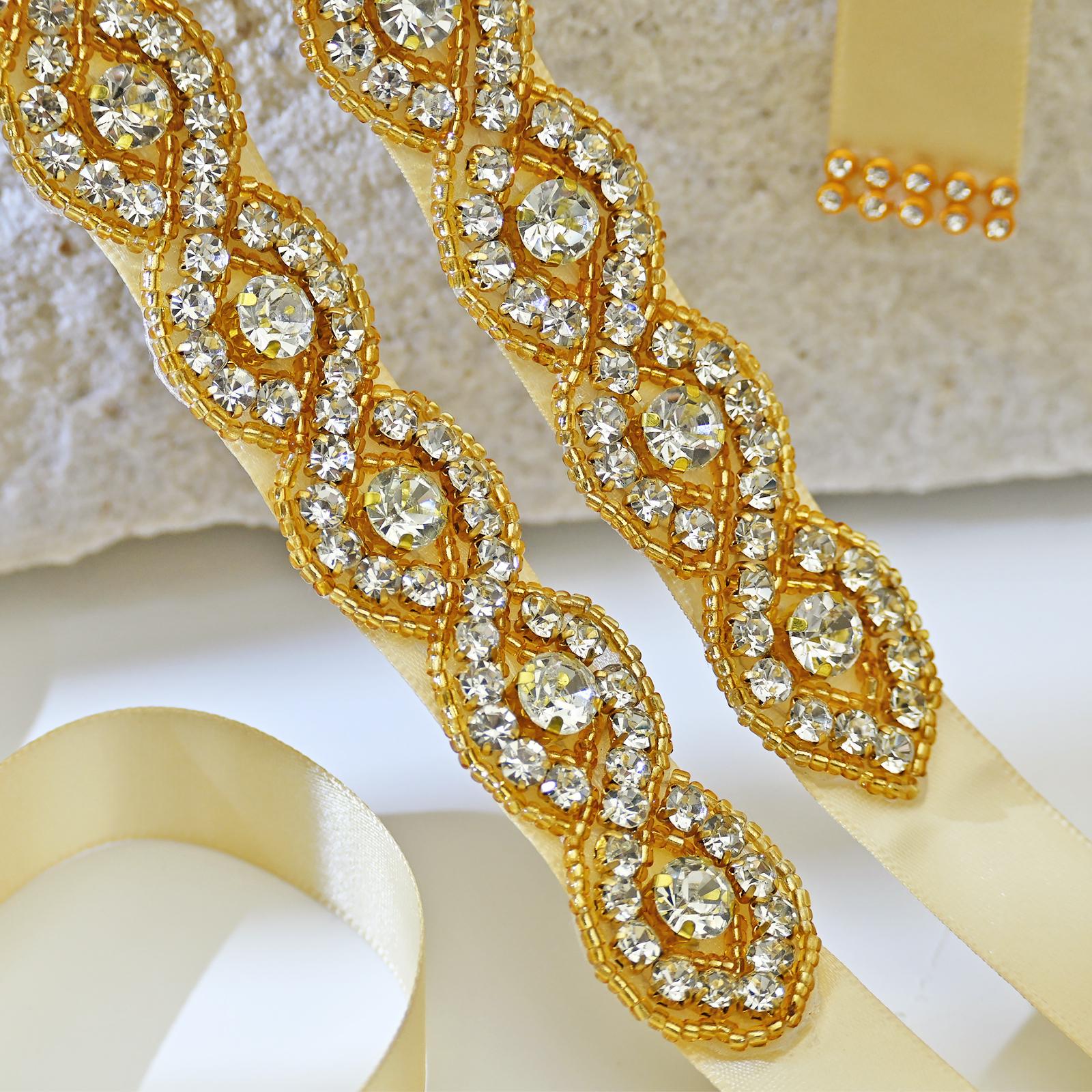Gold Rhinestone Bridal Belt, Crystal Wedding Dress Sash, Beaded Ribbon…