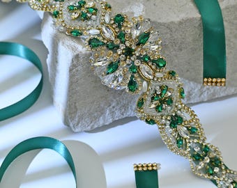 Green Thin Bridal Belt Emerald Leaf Crystal Rhinestone Sash  display picture 2