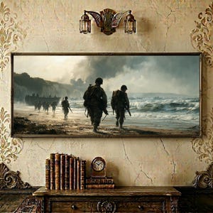 Quadro panoramico del D-Day, dipinto ad olio di Omaha Beach in Normandia, opera d'arte storica di guerra della Seconda Guerra Mondiale, 6 giugno 1944.