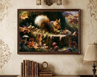 Horizontal Red Squirrel Canvas Print, Woodland Oil Painting Wall Art, Autumn Wildlife Framed Canvas Rustic Decor