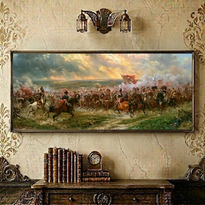 May include: A rectangular wall art print depicting a historical battle scene with soldiers on horseback, flags, and smoke under a dramatic sky. The painting features earthy tones of green, brown, and grey, showcasing a dynamic cavalry charge.